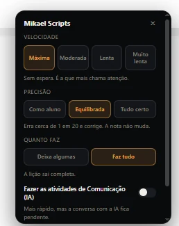 O interruptor da Comunicação, no fim do painel do script