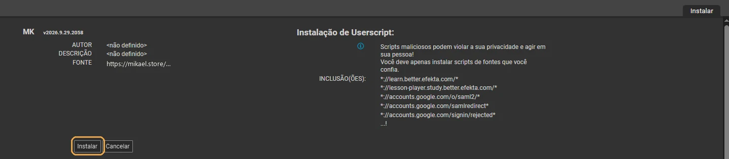 A tela de instalação do Tampermonkey
